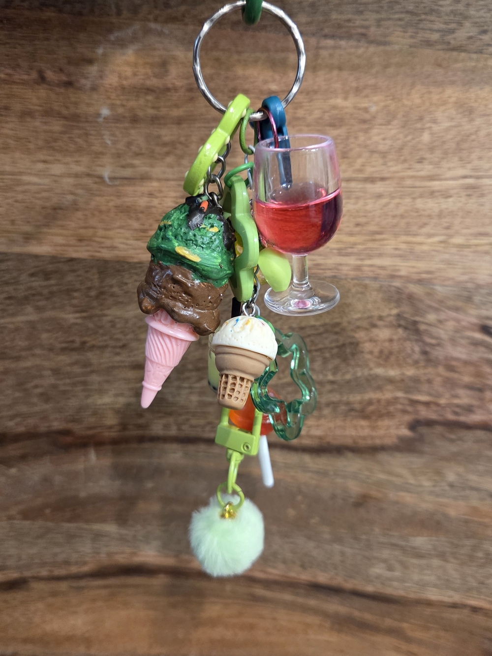Colorful Ice Cream & Wine Keychain Charm - With Multiple Fun Charms & Pom Pom!